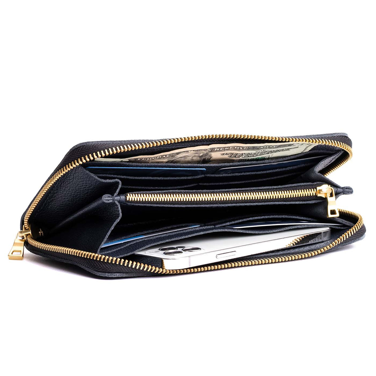 Night Owl | Large accordion leather wallet with zipper open