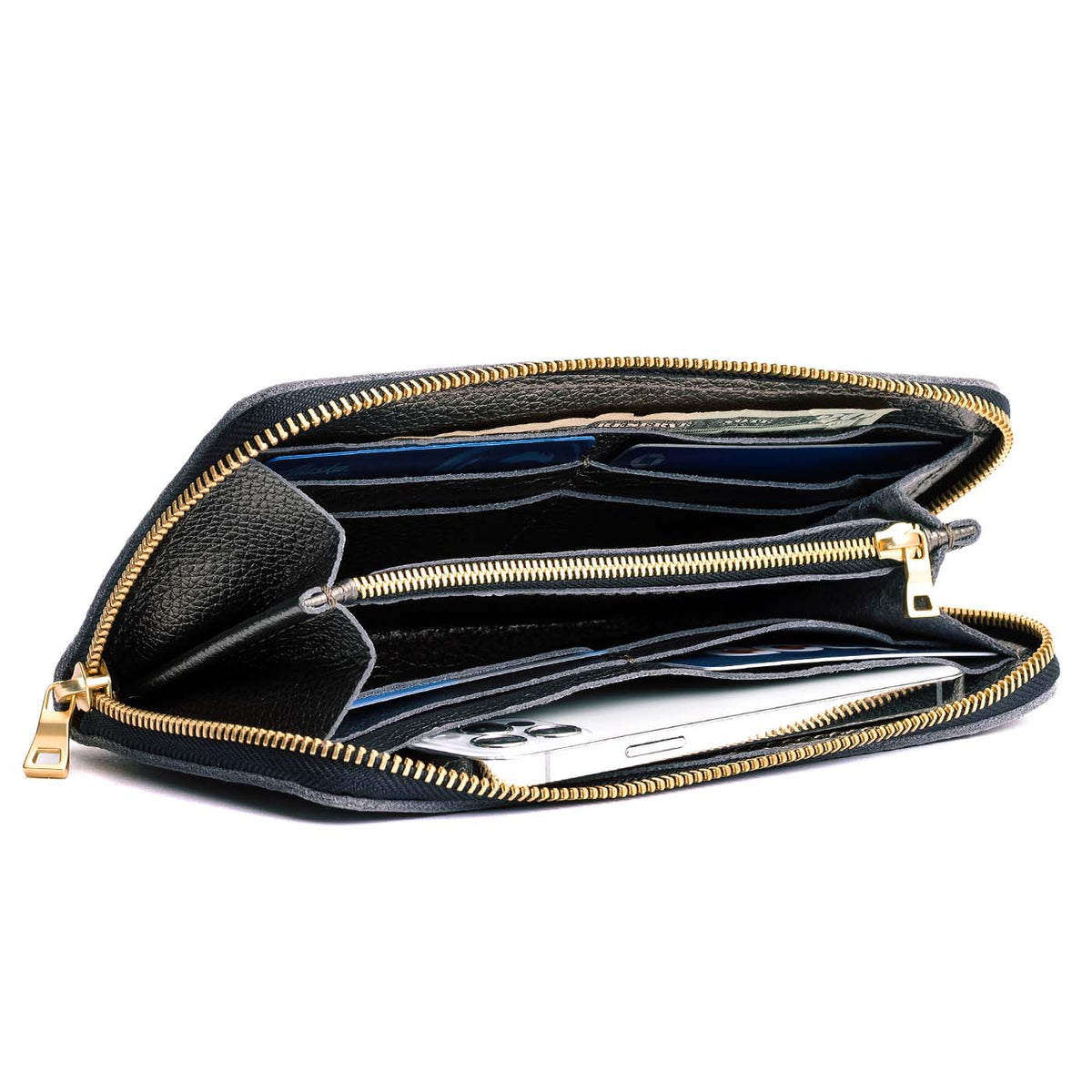 Stardust | Large accordion leather wallet with zipper open