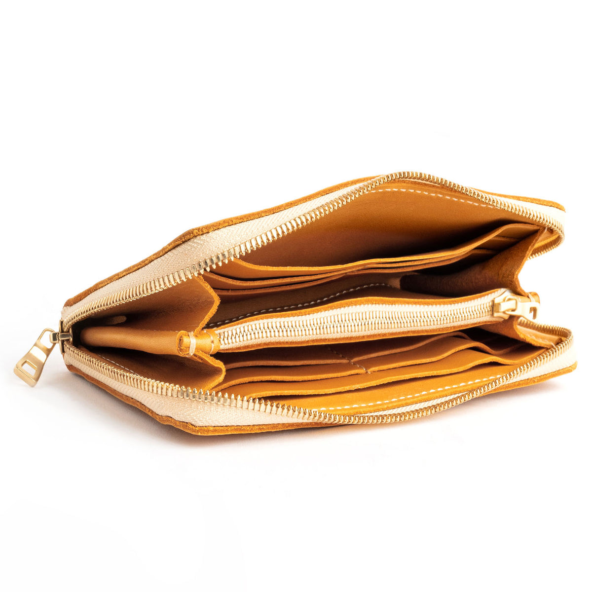 Sunflower | Large accordion leather wallet with zipper open