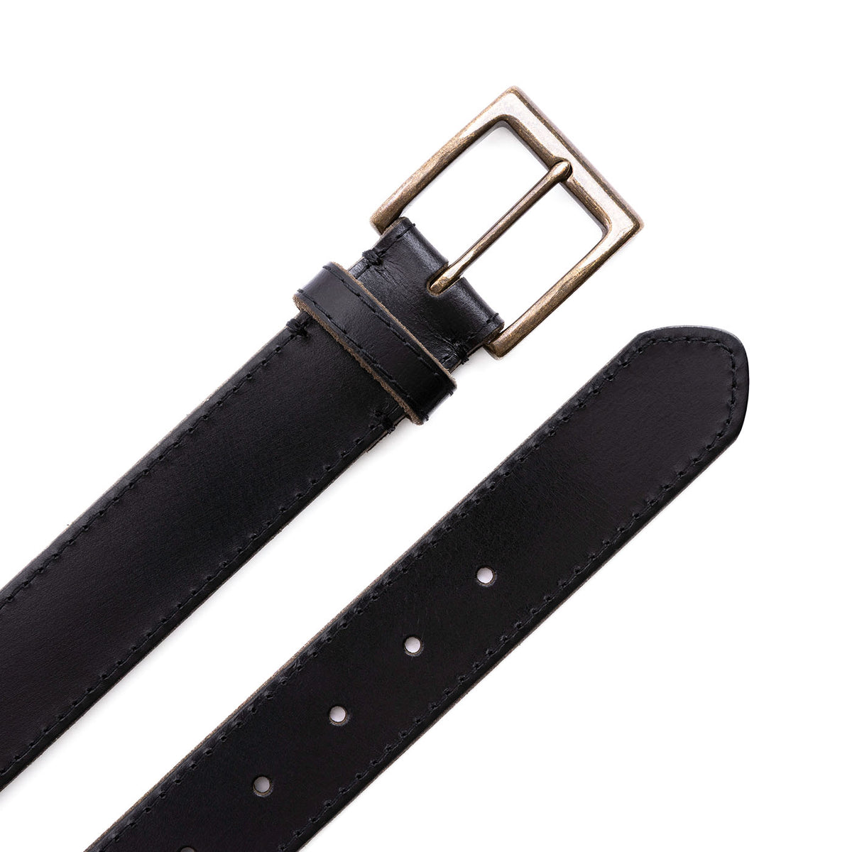 Jet Black | Mens stitched leather belt with antiqued brass buckle