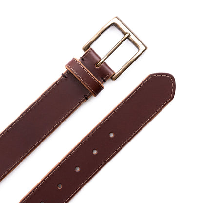 Pecan | Mens stitched leather belt with antiqued brass buckle