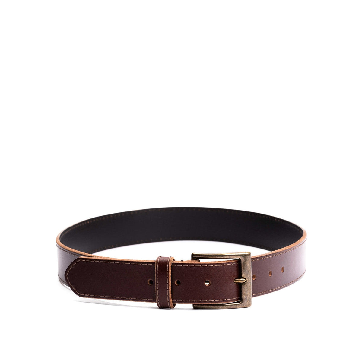 Pecan | Mens stitched leather belt with antiqued brass buckle