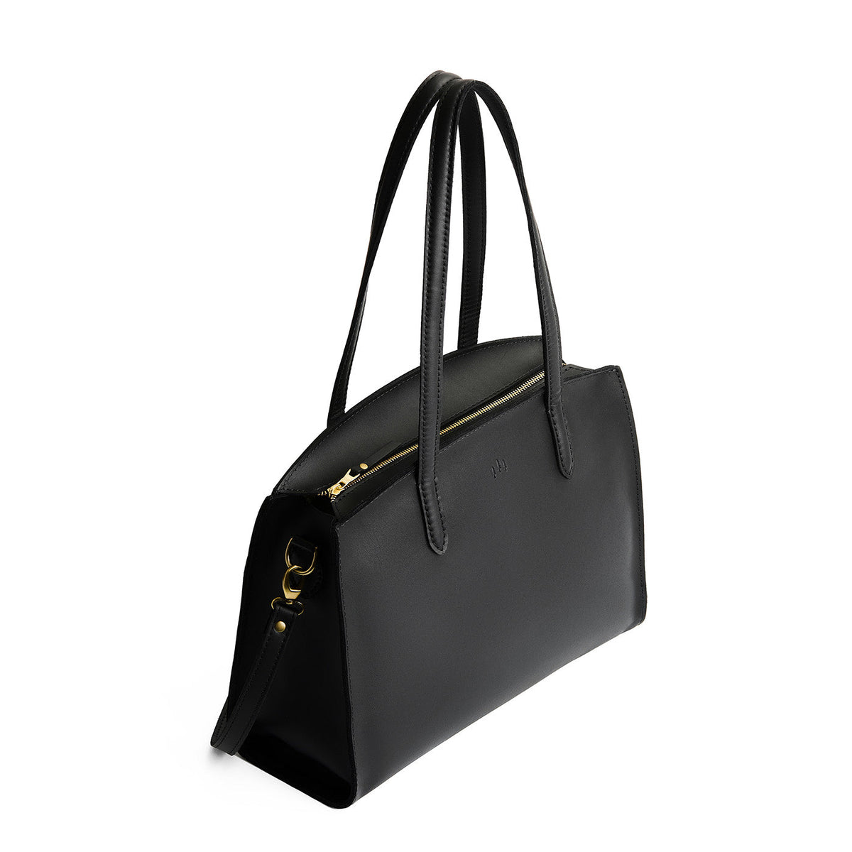 Black*Large | Leather tote bag with handles, adjustable crossbody strap, zipper top, and two back pockets