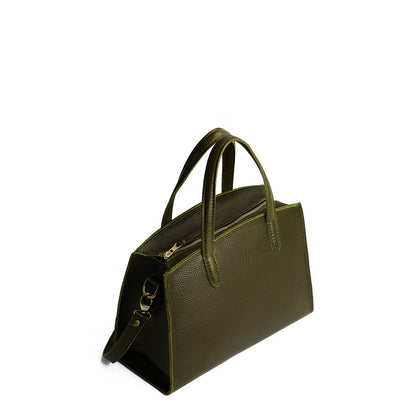 Pebbled Olive*Medium | Leather tote bag with handles, adjustable crossbody strap, zipper top, and two back pockets