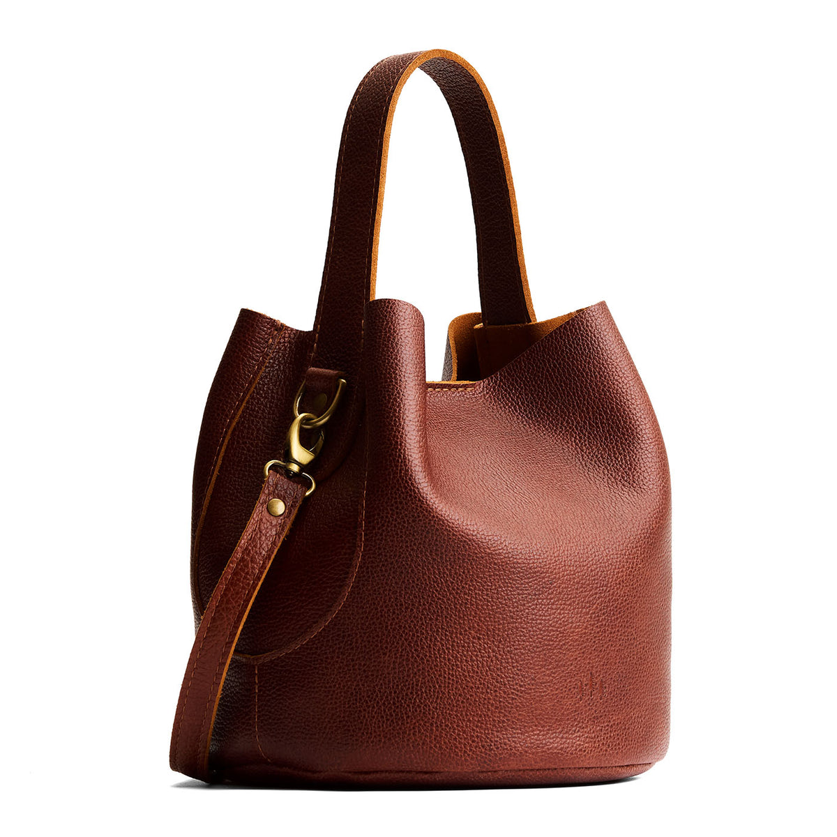 Nutmeg*Large | Symmetrical bucket bag with handle, latch closure, and removable crossbody strap
