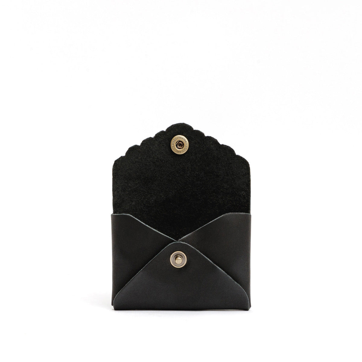Black | Small leather wallet with scalloped edge open