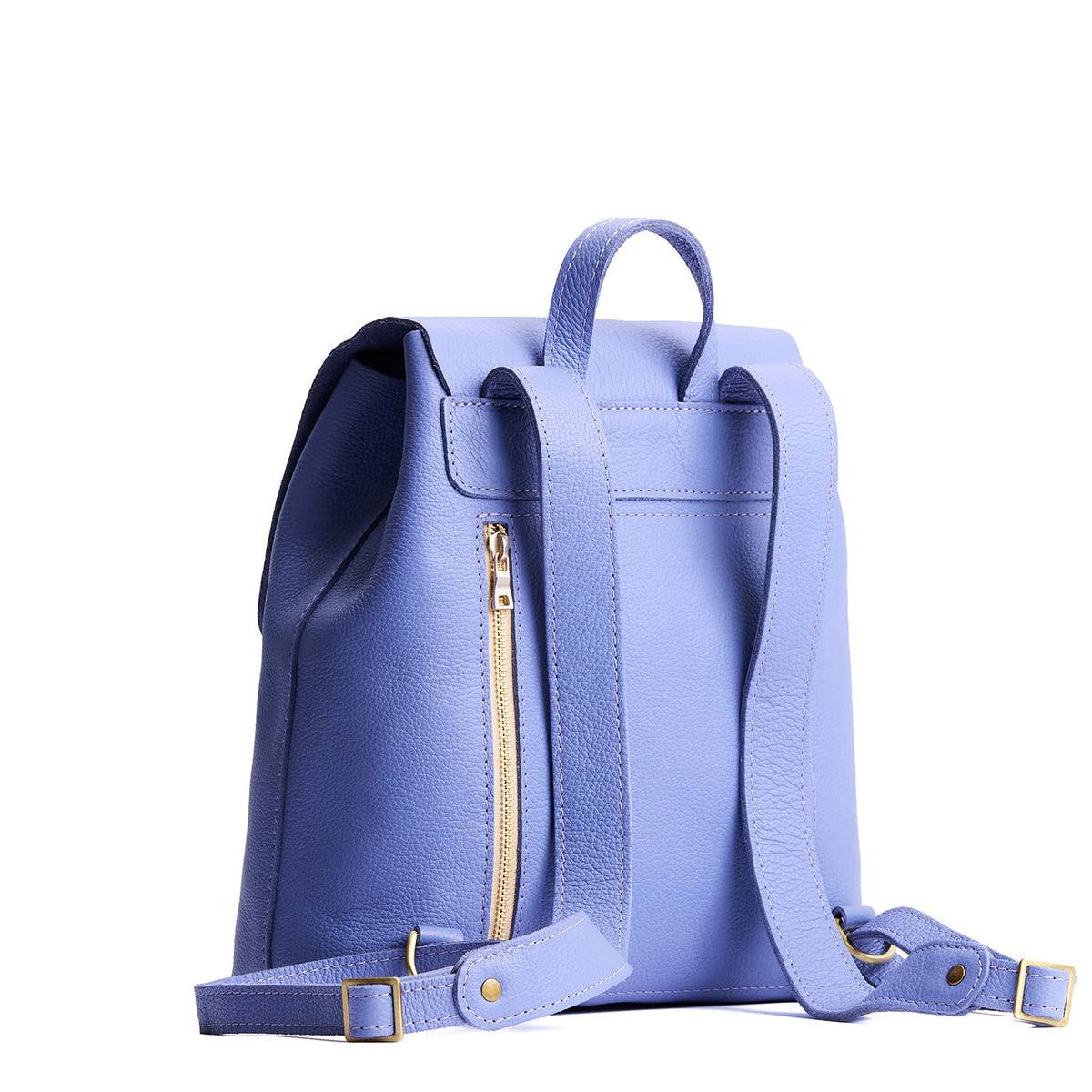 Aster | Back of leather backpack showing rear zippered pocket on a white background