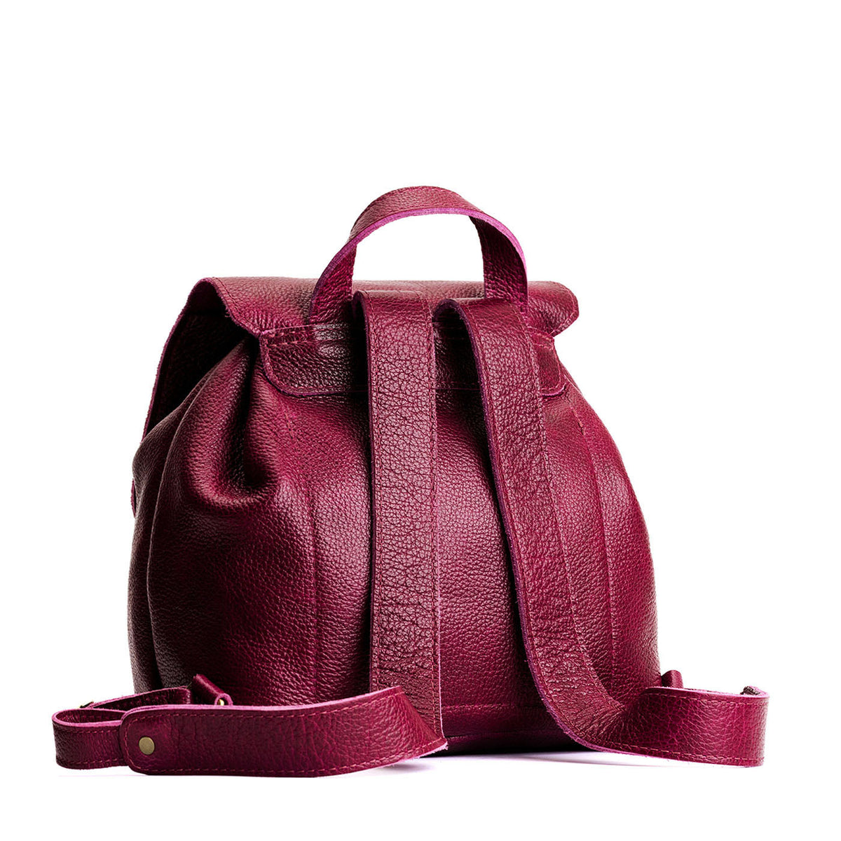 Orchid | Back of drawstring bucket backpack with snap closure under flap