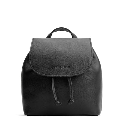 Pebbled--black | Drawstring bucket backpack with snap closure under flap