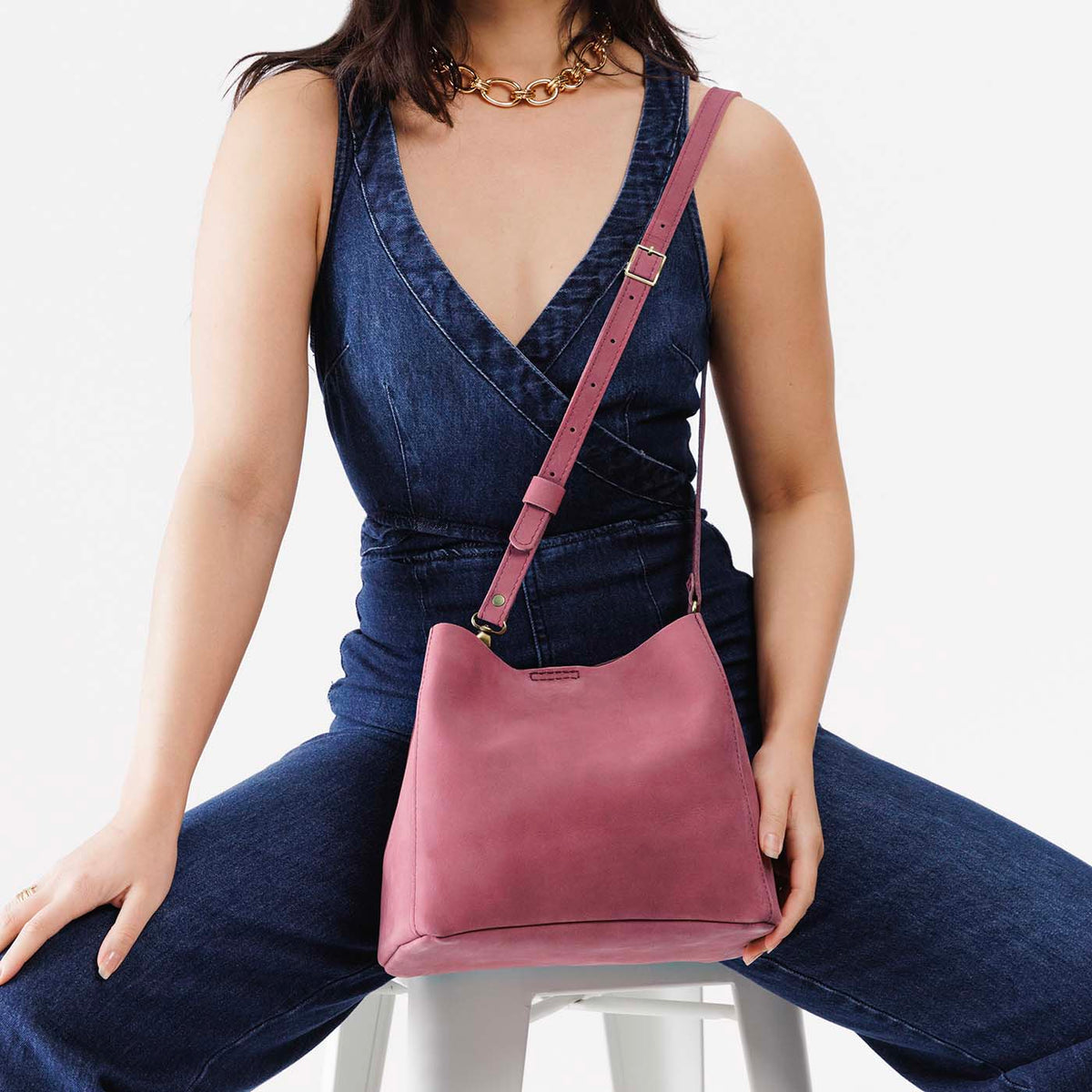 Foxglove | symmetrical bucket bag with latch closure and removable crossbody strap