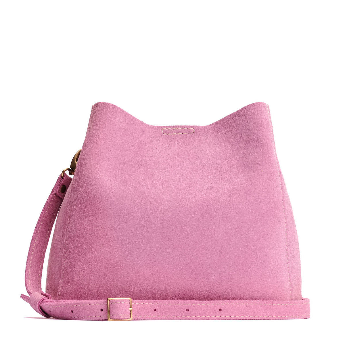 Pink Suede | symmetrical bucket bag with latch closure and removable crossbody strap