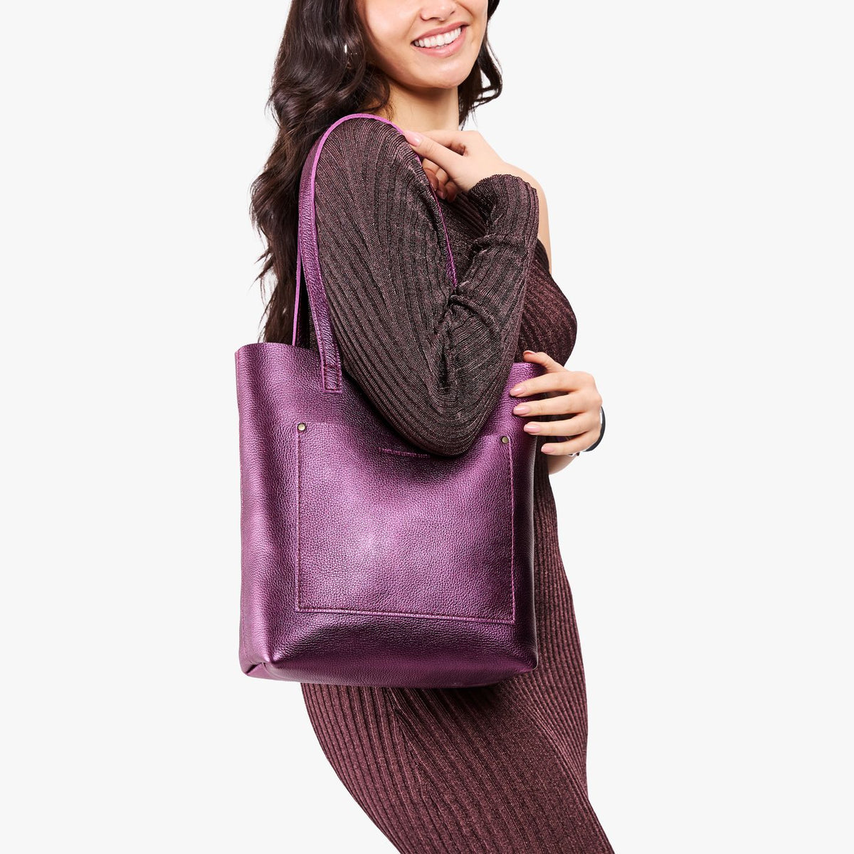 Ultra Violet | Model holding medium Tote with dual shoulder straps and crossbody strap