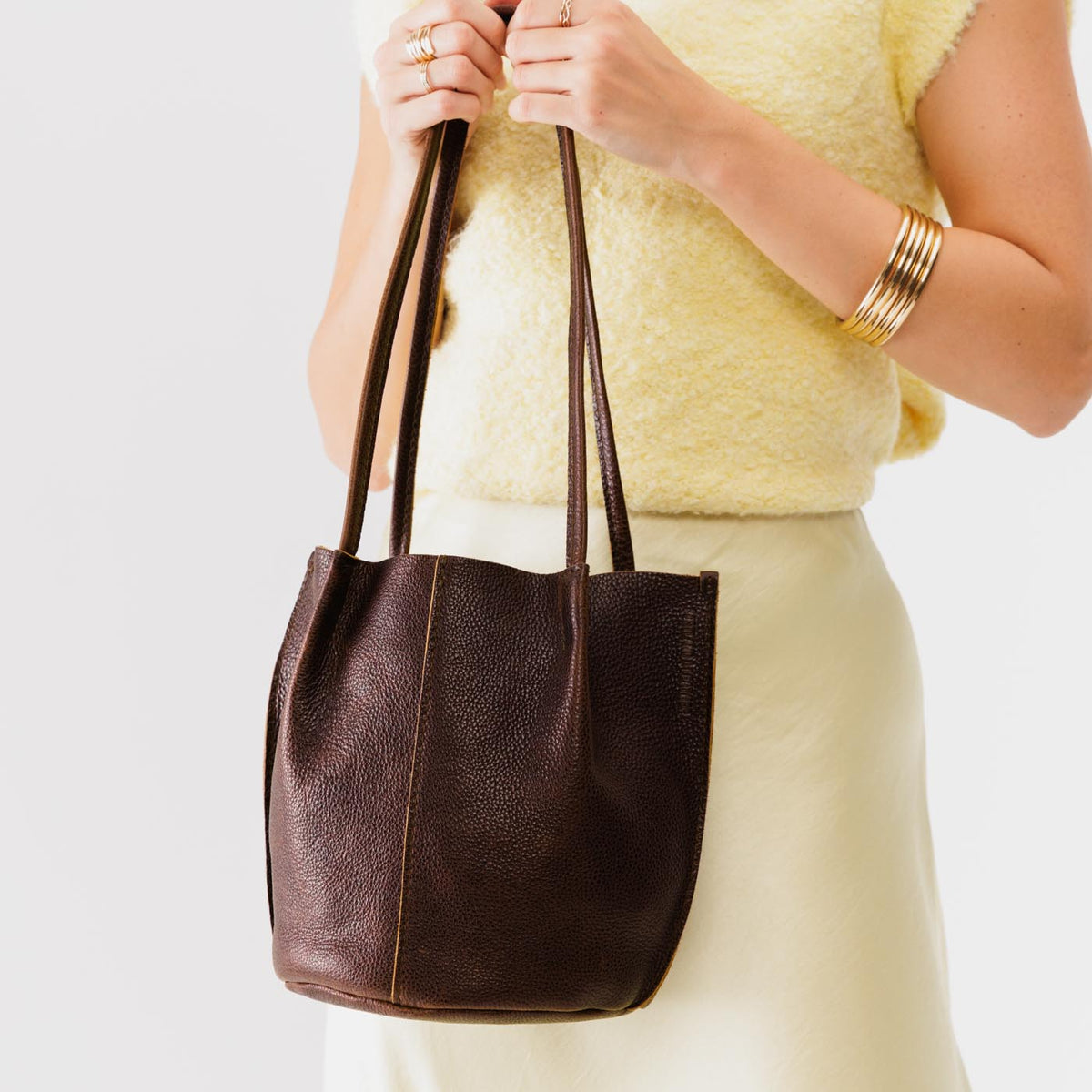 Coldbrew*Small | Petite bucket shaped tote bag with matching leather handles
