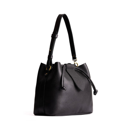 Pebbled--black*Large | Symmetrical leather bag with leather drawstring closure and adjustable shoulder strap