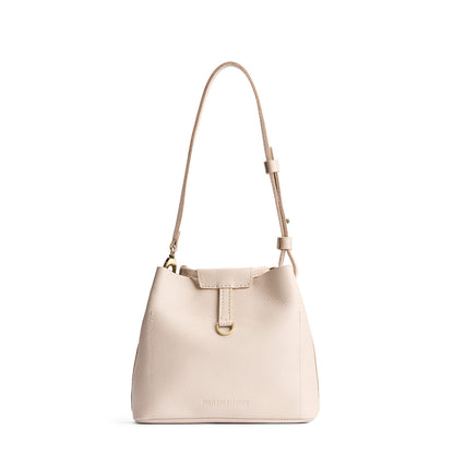 Pebbled Bone*Small | Symmetrical leather bag with leather drawstring closure and adjustable shoulder strap