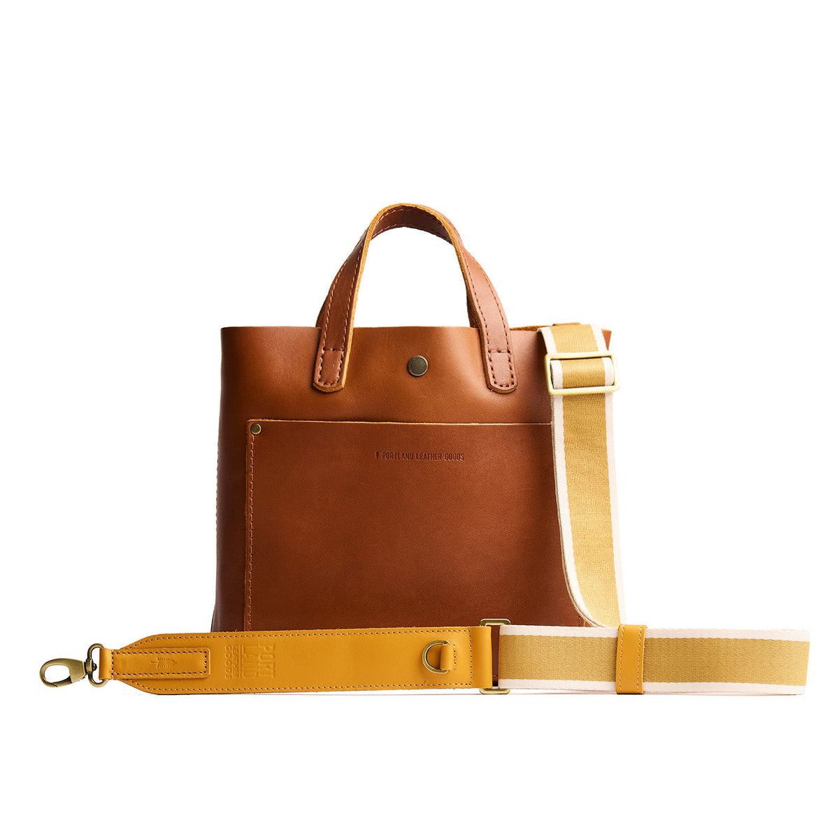 Yellowfield | Adjustable fabric and leather strap on a leather tote bag