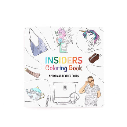 Coloring book cover with illustrations of a unicorn, teacup, and person, featuring the brand 'Portland Leather Goods.'
