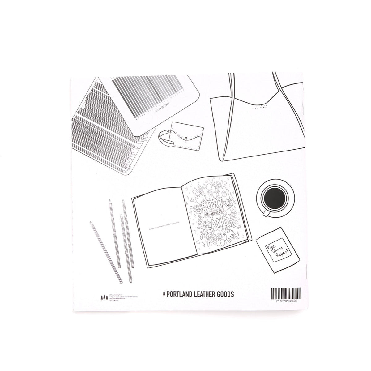 Back of coloring book featuring black and white illustration of art supplies, a purse, and a coffee cup on a white background with 'Portland Leather Goods' branding.