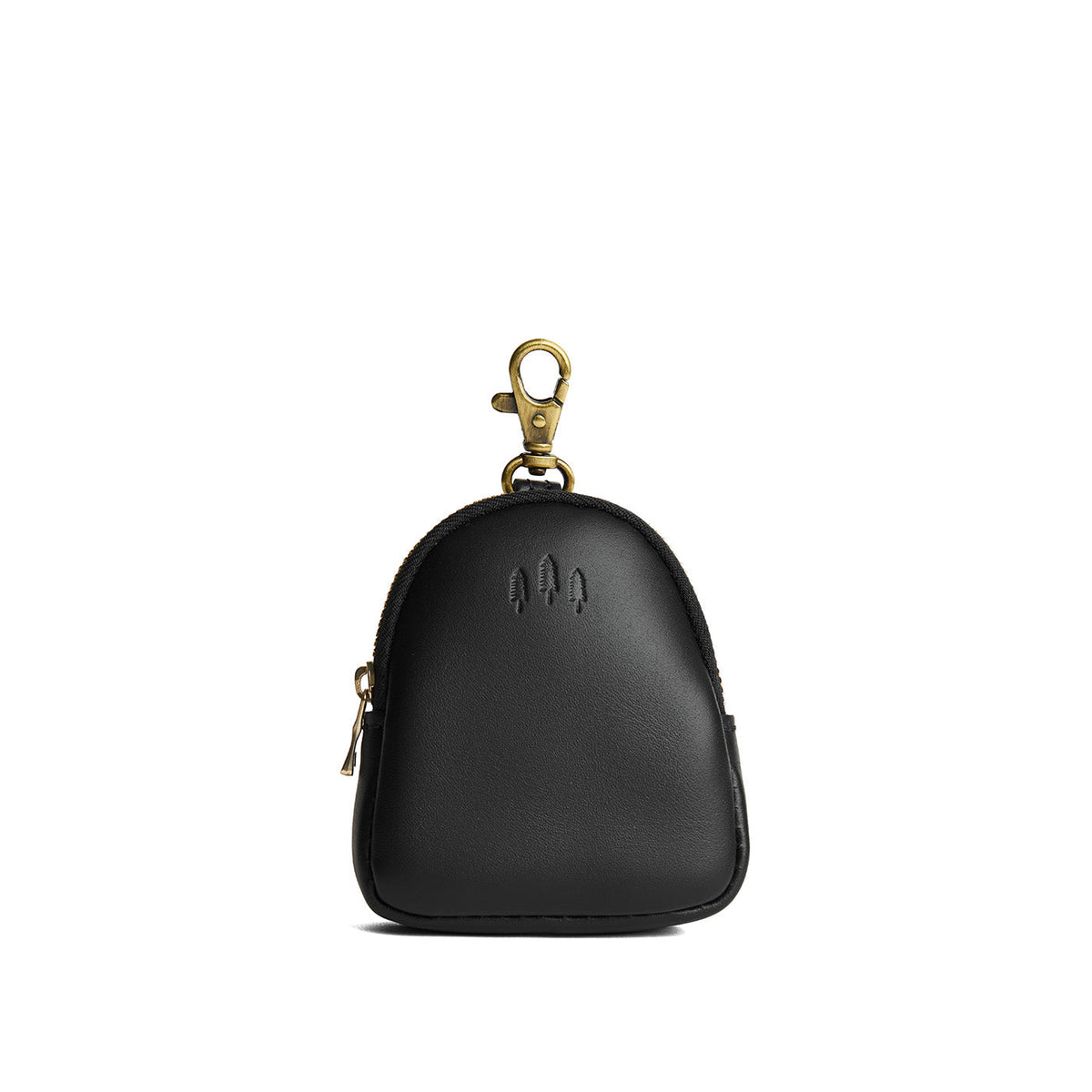 Black | Leather keychain pouch with zipper top, swivel lobster clasp, and debossed emblem of three PLG trees