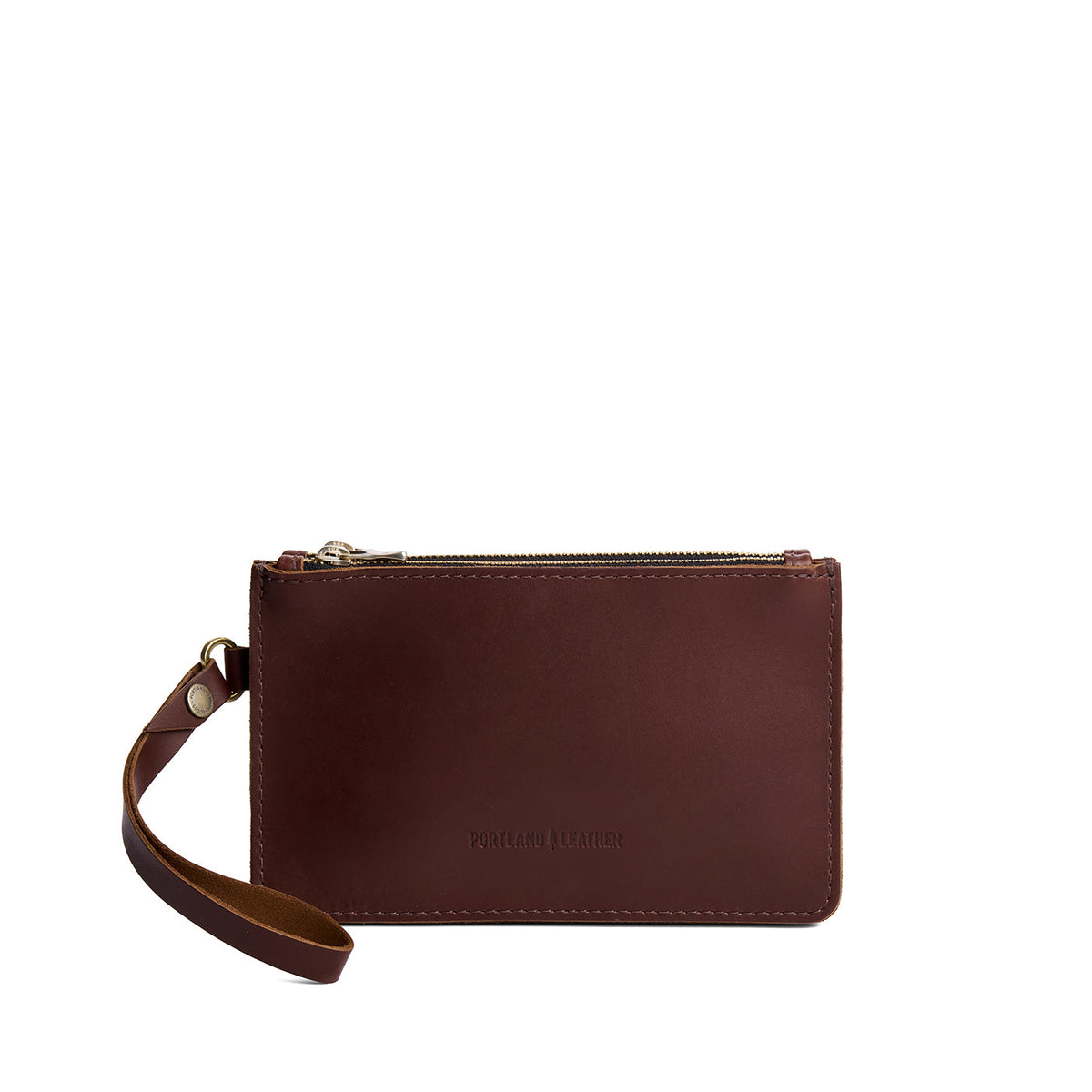 Cognac | Leather wristlet with two zippered pockets and removable wrist strap