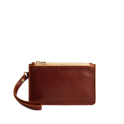 Nutmeg | Leather wristlet with two zippered pockets and removable wrist strap