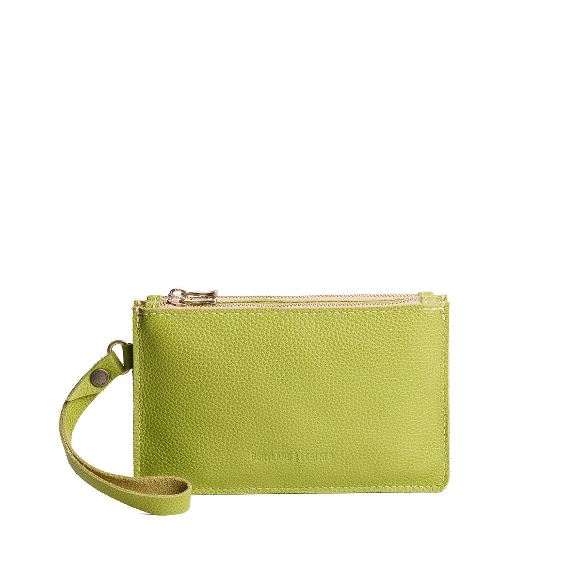 Wasabi | Leather wristlet with two zippered pockets and removable wrist strap