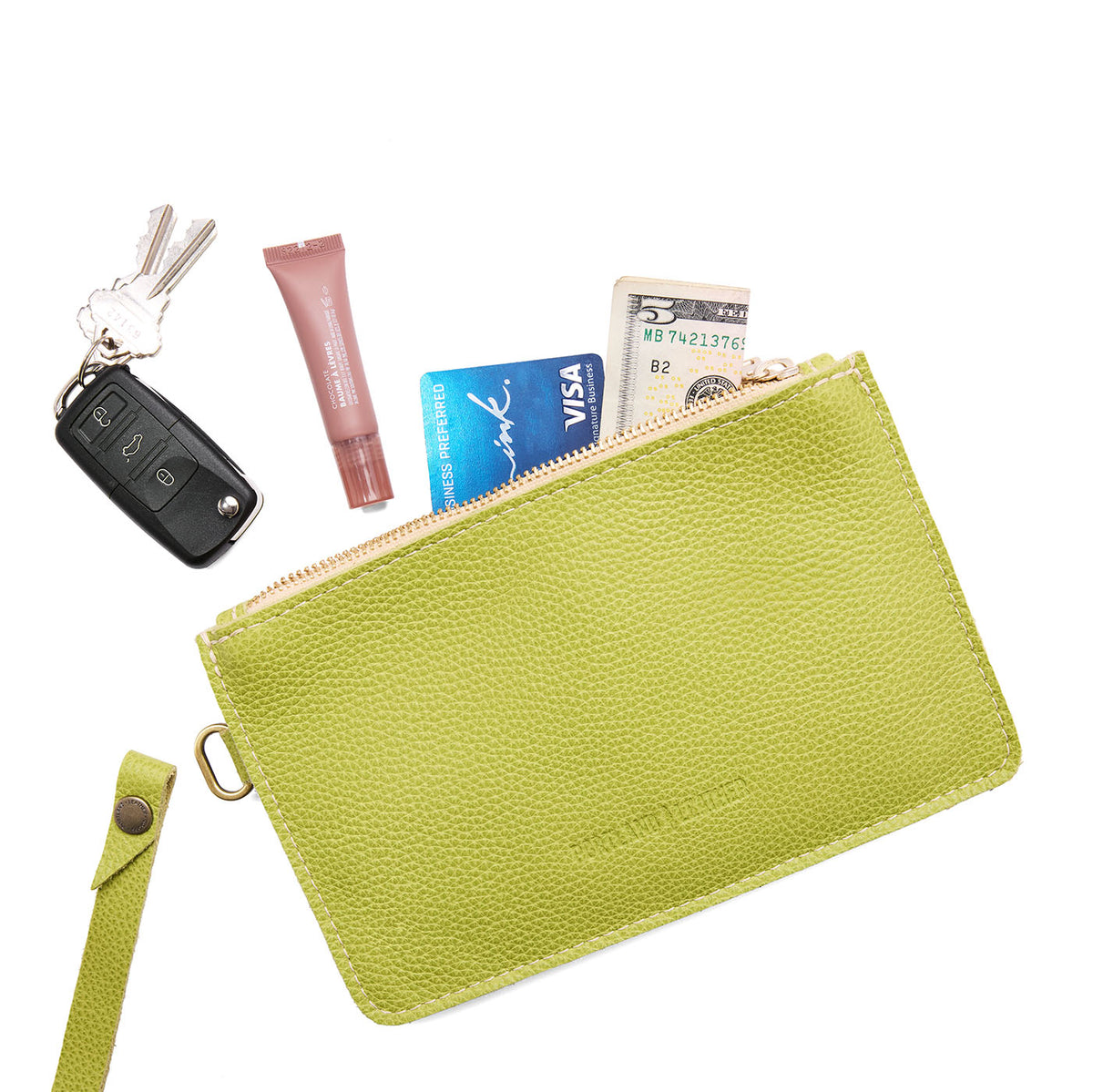 Wasabi | Leather wristlet with two zippered pockets and removable wrist strap