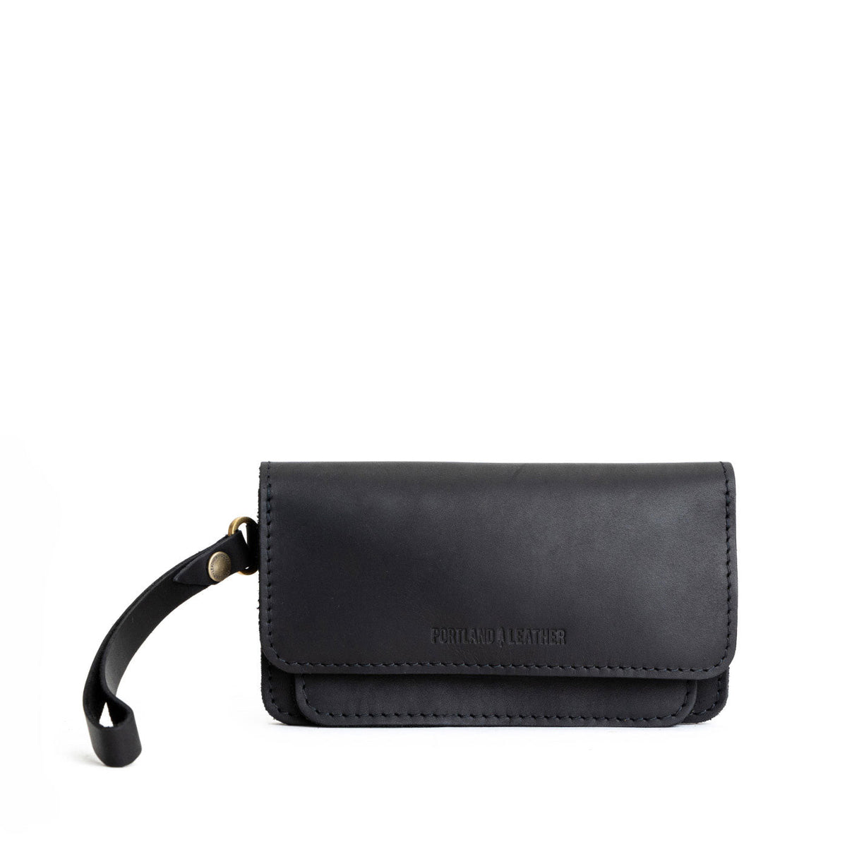 Black | Leather wallet clutch with wristlet and magnetic closure