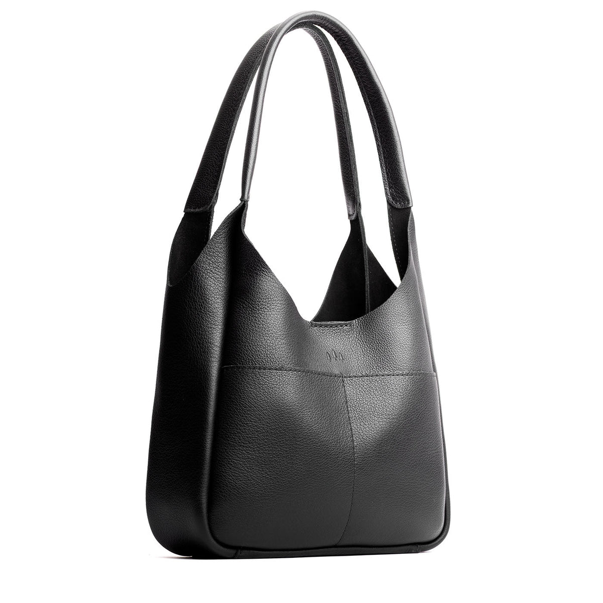 Pebbled--Black*Large | U-shaped, flat-bottomed leather shoulder bag with two outside pockets