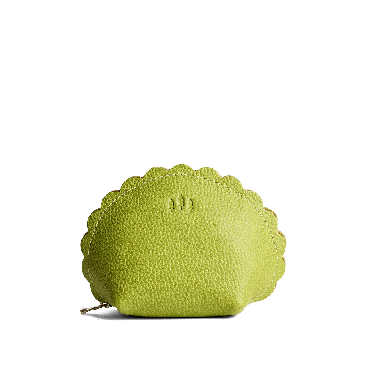 Wasabi*Large | Curved leather pouch with zipper and scalloped edges