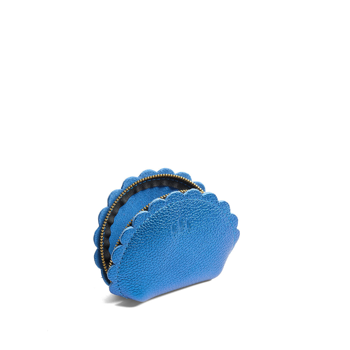 Comet Blue*Small | Curved leather pouch with zipper and scalloped edges