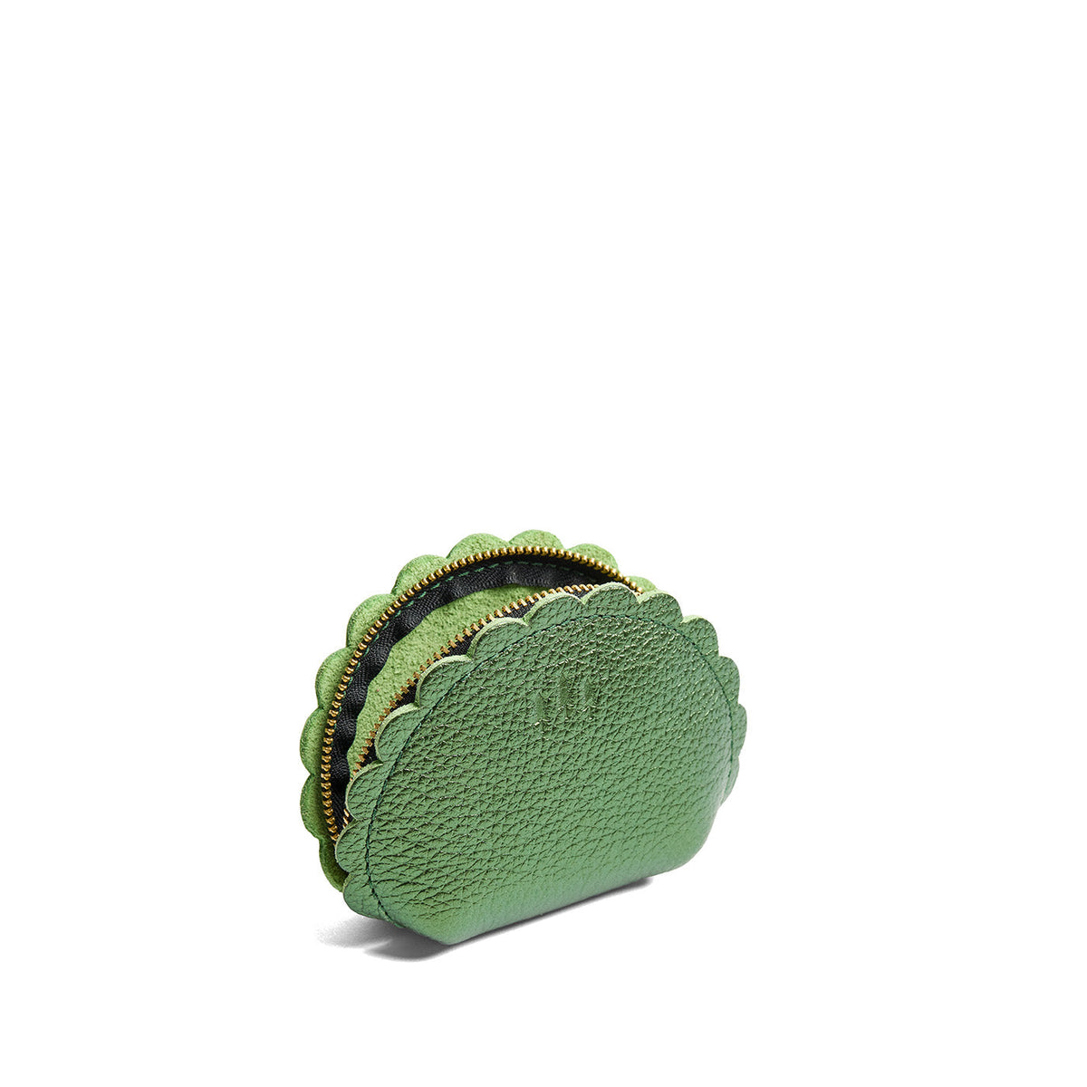 Metallic Greench*Small | Curved leather pouch with zipper and scalloped edges