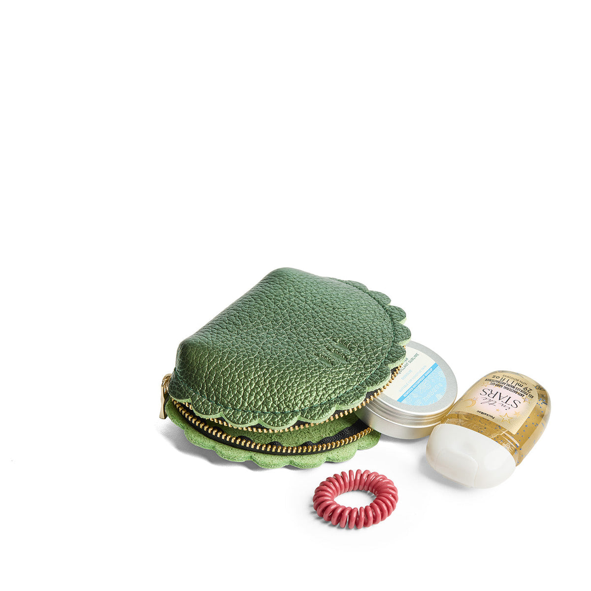 Metallic Greench*Small | Curved leather pouch with zipper and scalloped edges