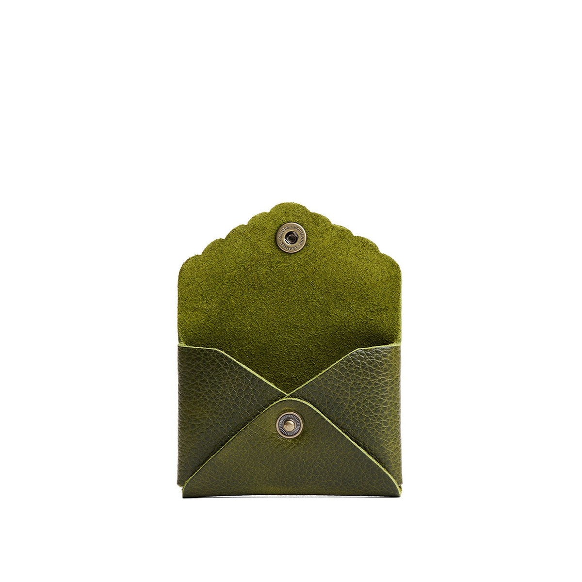 Pebbled Olive | Small leather card wallet with scalloped edge open