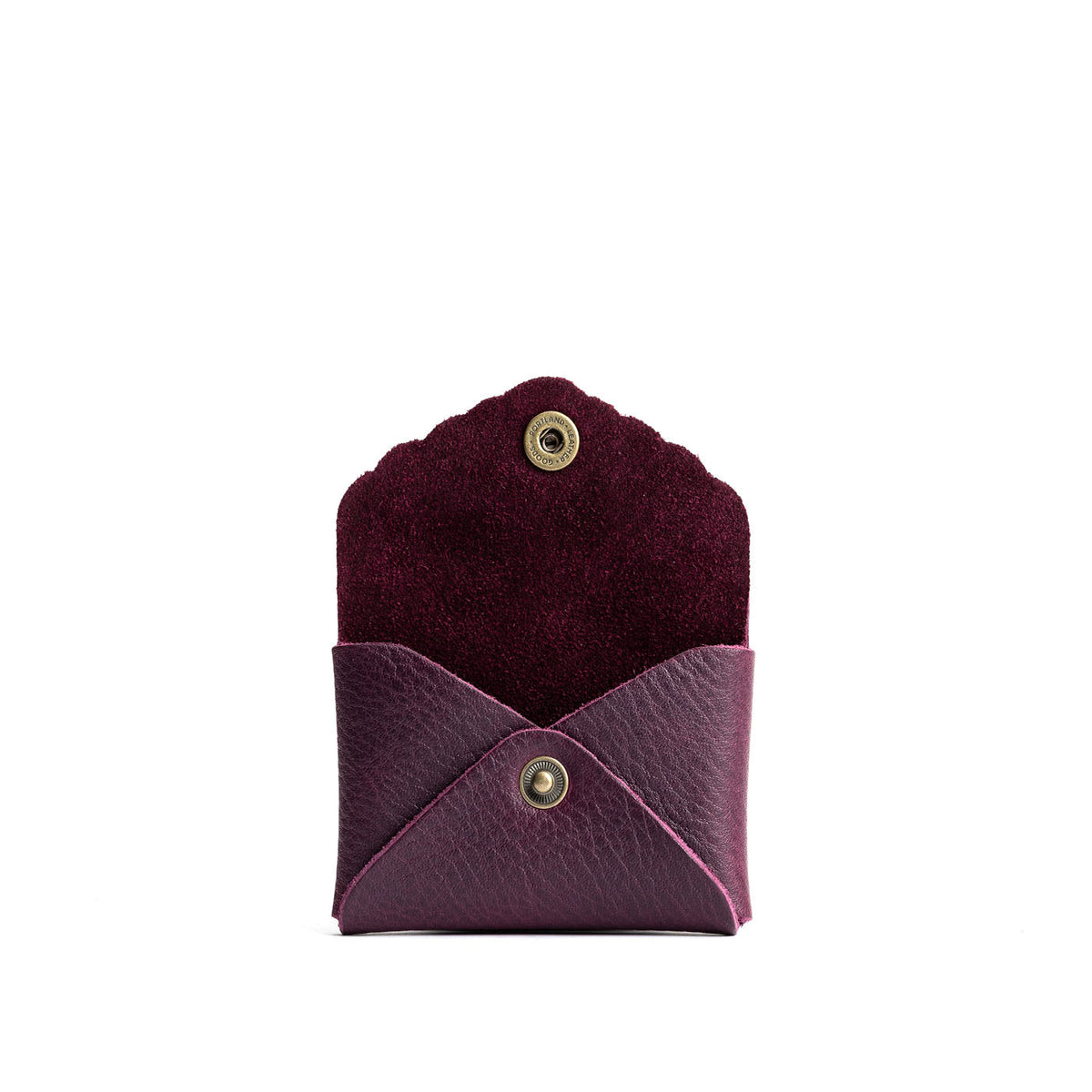 Plum | Small leather wallet with scalloped edge open