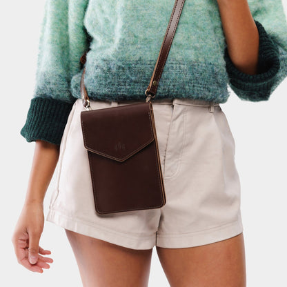 Chocolate Brown | Slim, phone-shaped crossbody purse with magnetic closure