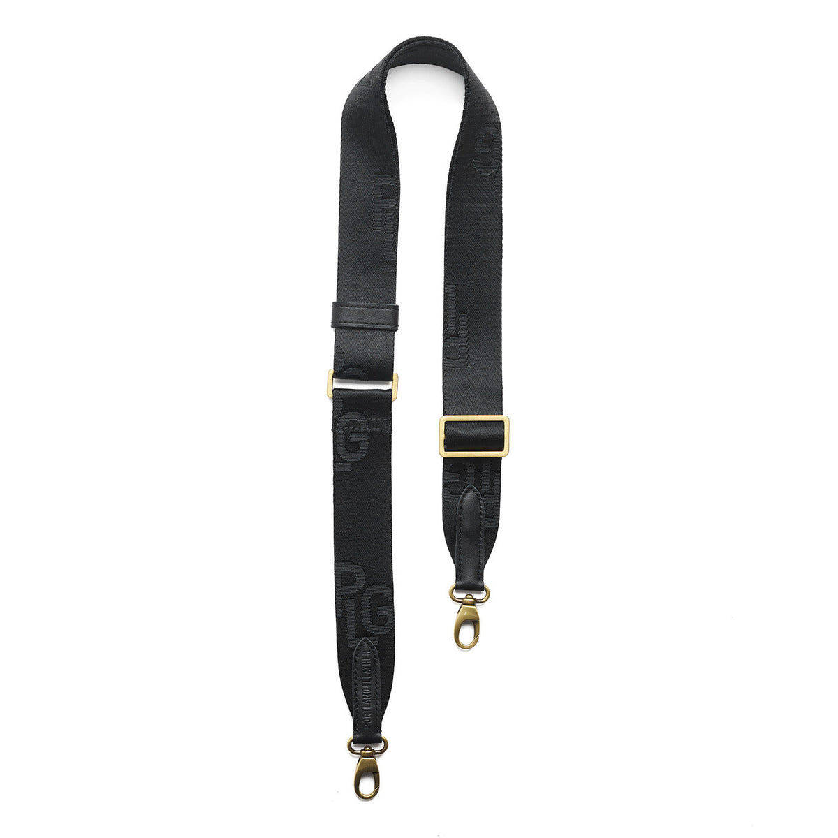 Black | Black strap with repeating PLG letter pattern and brass-toned hardware