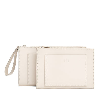Bone | Size comparison of both wristlet pouch with front pocket and zipper closure