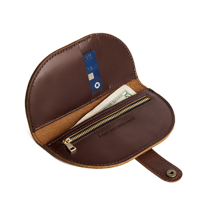 Chocolate Brown | Semicircle bifold wallet with snap closure open