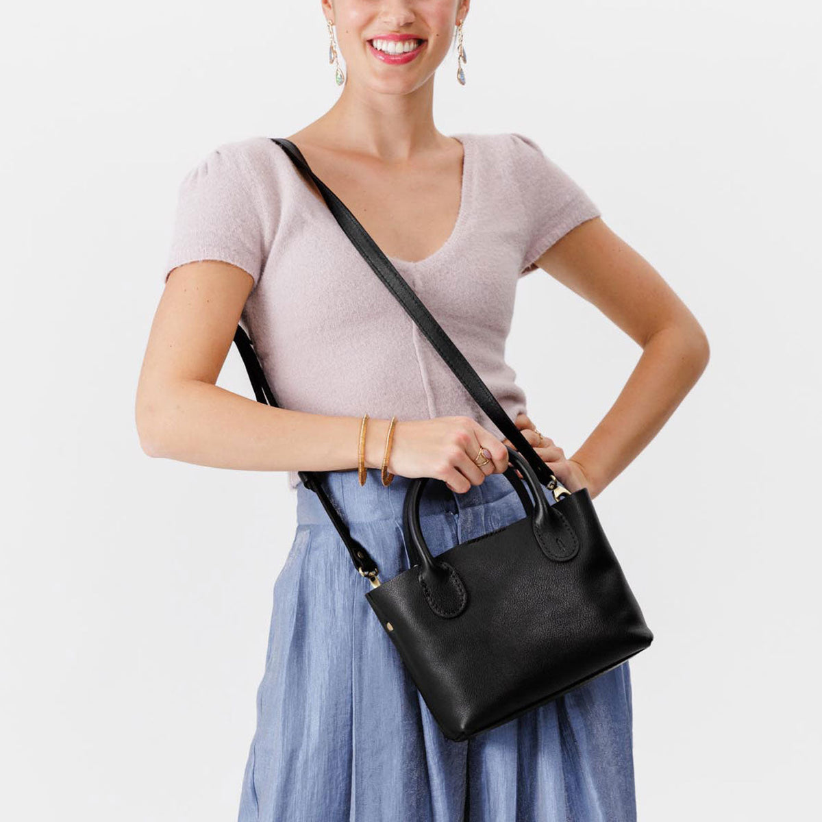 Pebbled--black*Small | Petite tote purse with structured leather handles and crossbody strap