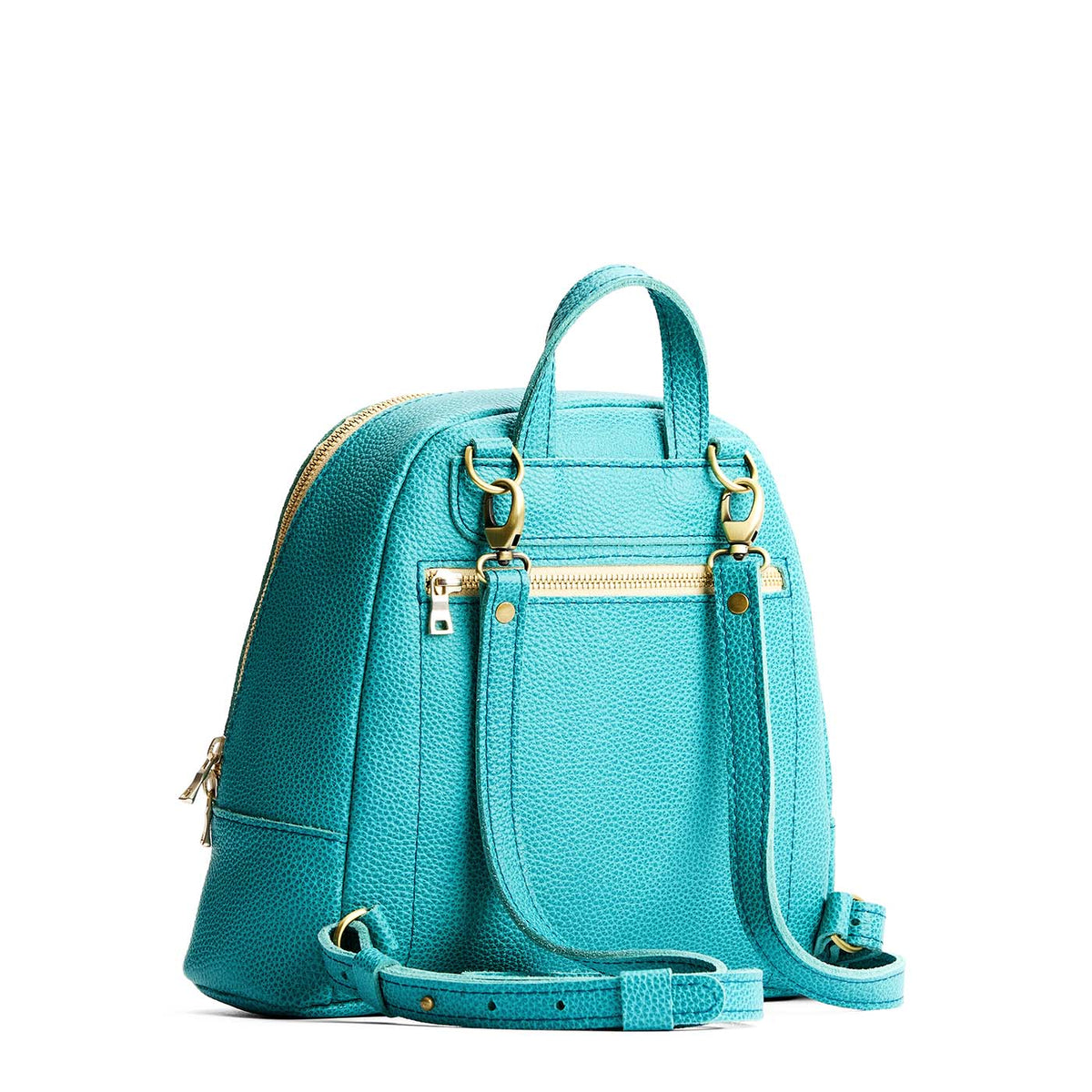 Seafoam | Leather backpack with debossed Portland Leather logo on front, with zipper closure and straps with lobster clasps