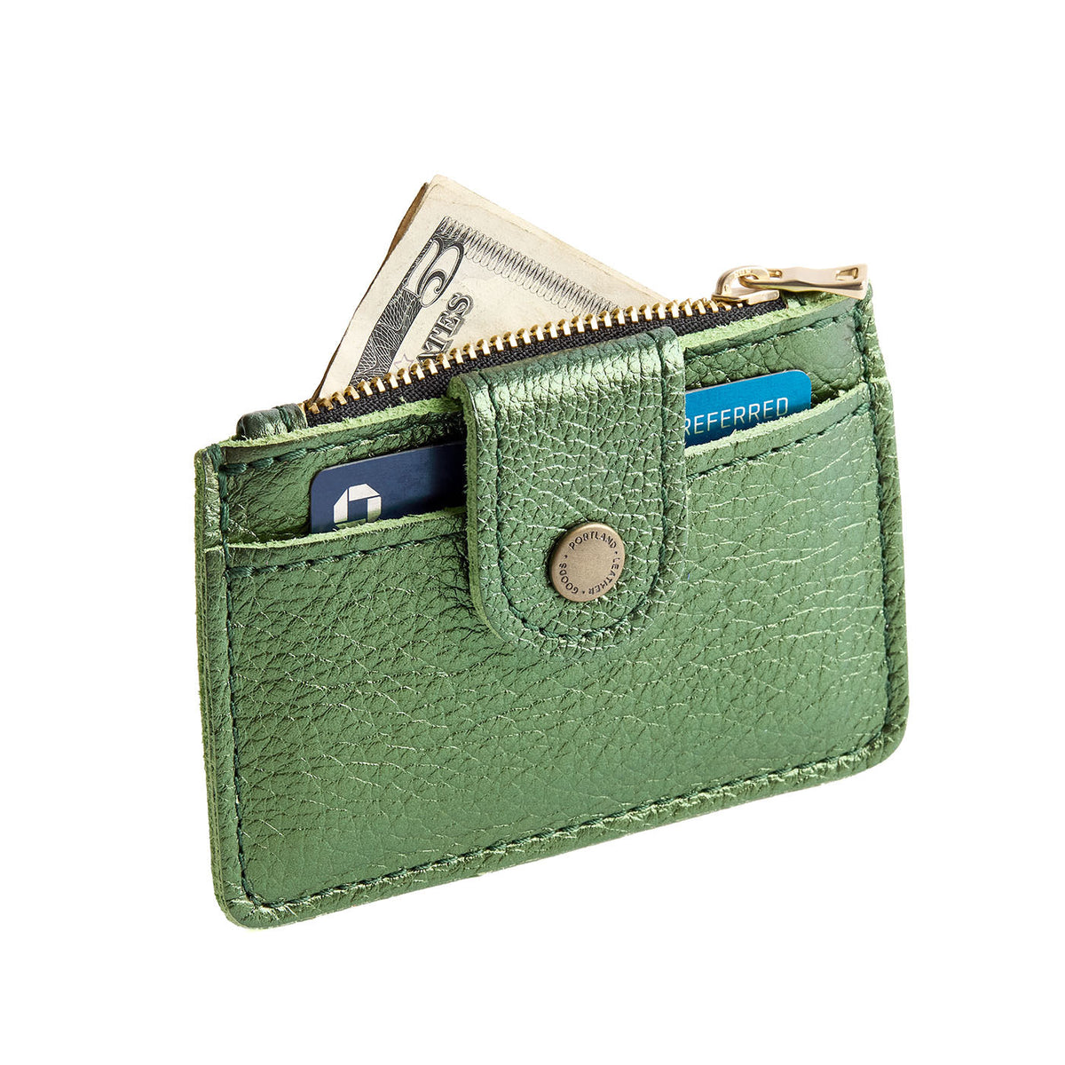 Metallic Greench | Compact wallet with snap closure and zippered pouch