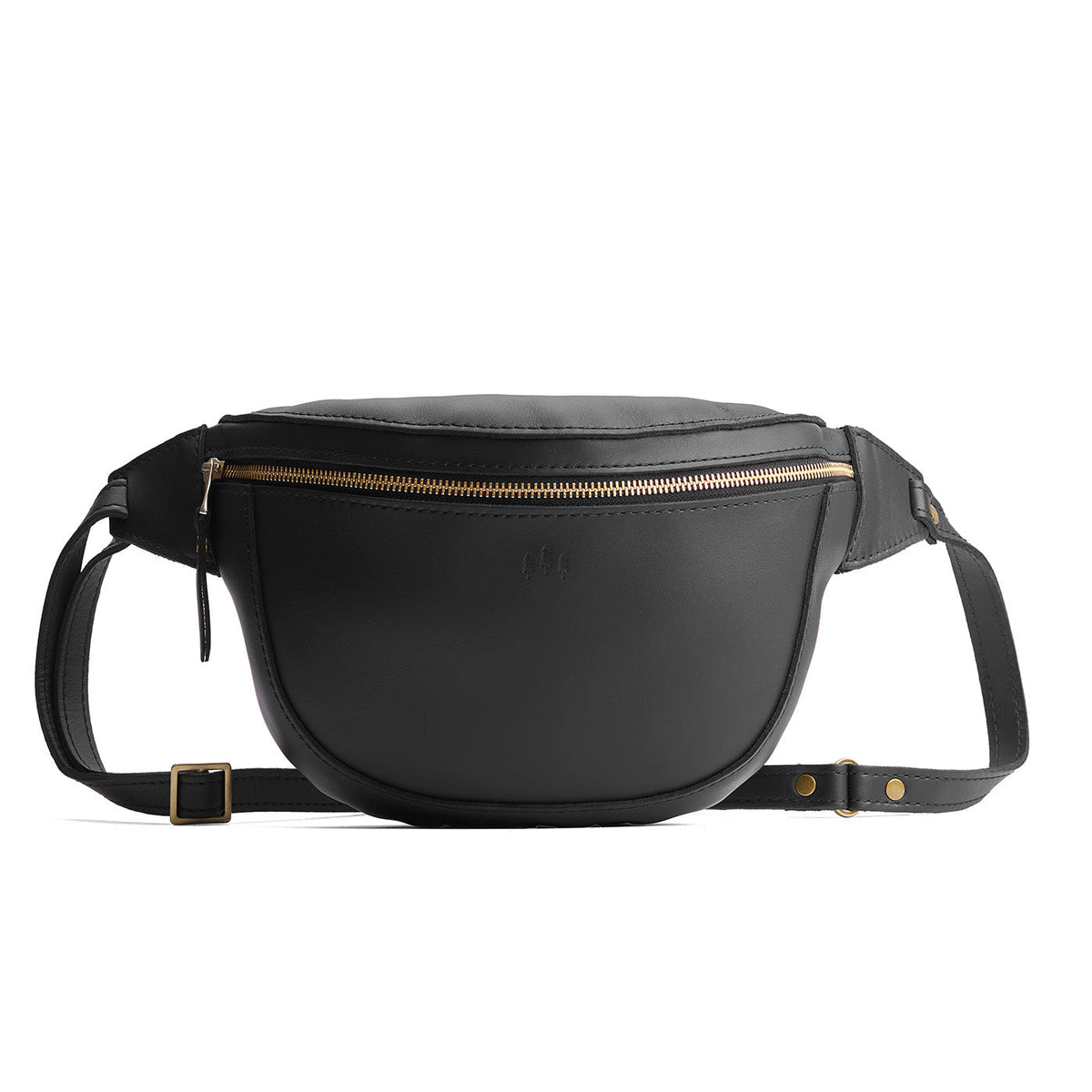 Black | Leather fanny pack shaped bag with a front zipper opening