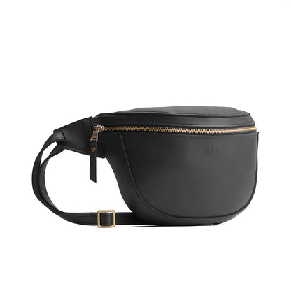 Black | Leather fanny pack shaped bag with a front zipper opening