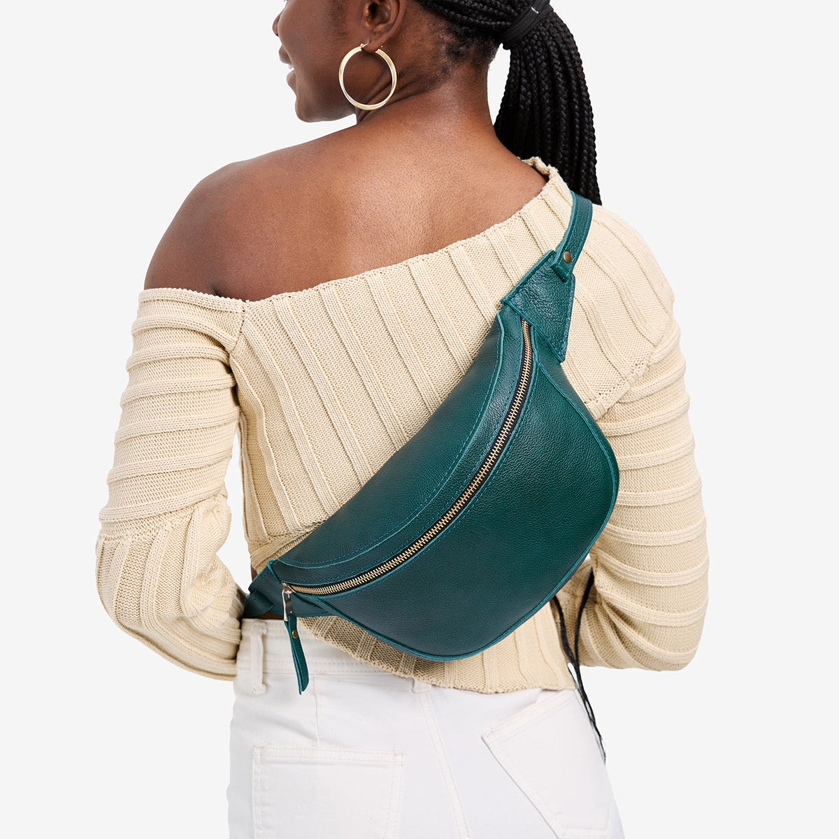 Sea Glass | Model wearing a sling bag with front zipper