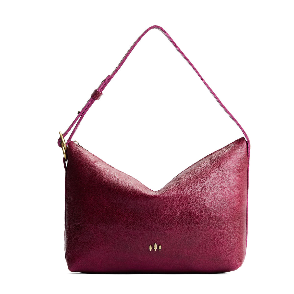 Orchid*Large | Model Wearing medium sized slouchy leather shoulder bag with zipper opening and three metal tree emblems