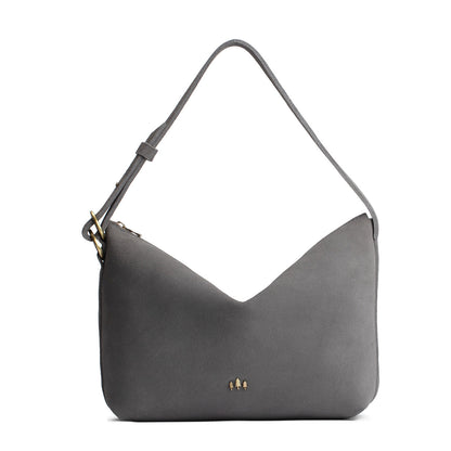 Smoke Grey*Large | Medium sized slouchy leather shoulder bag with zipper opening and three metal tree emblems