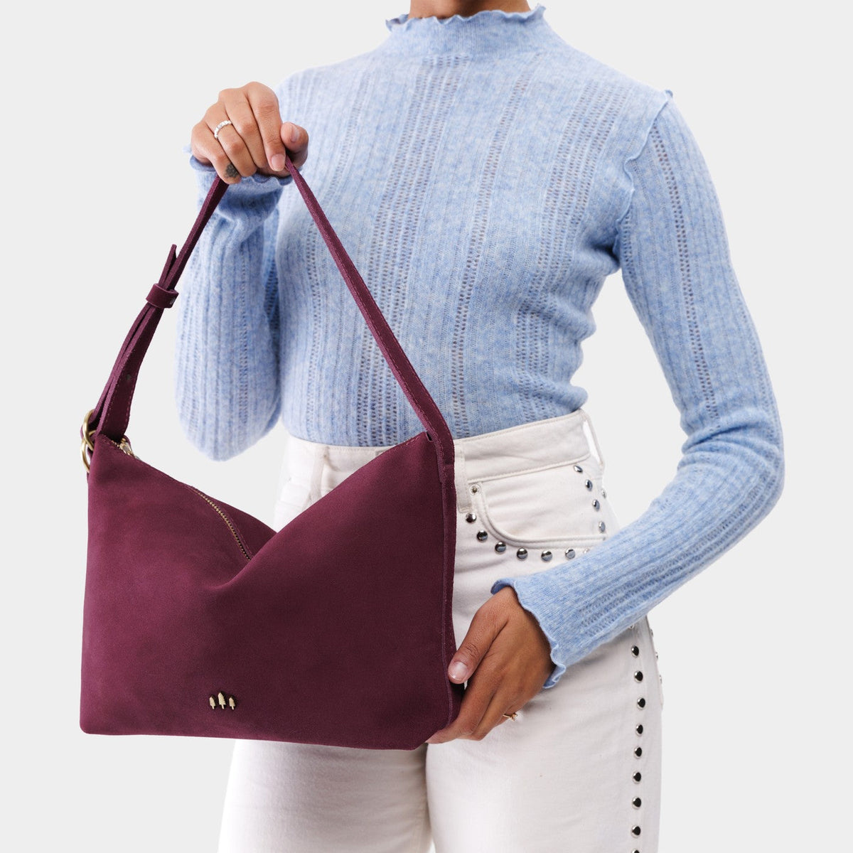 Superbloom*Large | Medium sized slouchy leather shoulder bag with zipper opening and three metal tree emblems