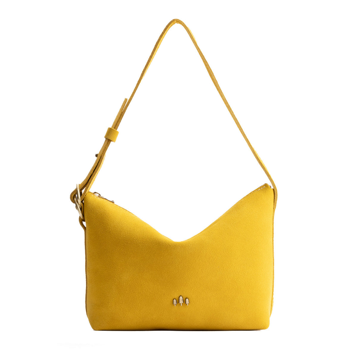 Hello Yellow*Small | Petite slouchy leather shoulder bag with zipper opening and three metal tree emblems