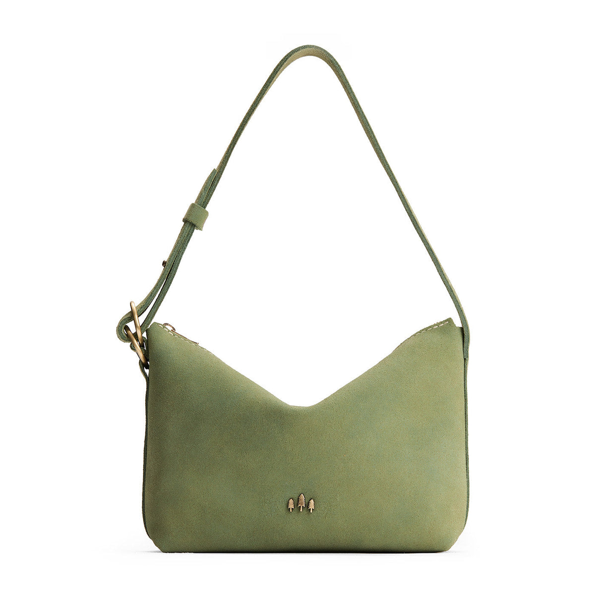 Laurel*Small | Slouchy Shoulder Bag that has a zipper opening and three metal tree emblems on a white background